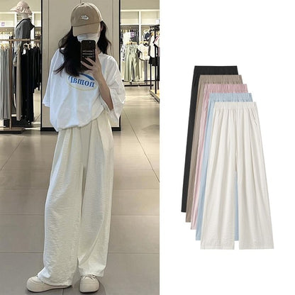 High Waist Wide Leg Plain Elastic Waist Pants