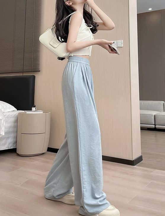 High Waist Wide Leg Plain Elastic Waist Pants