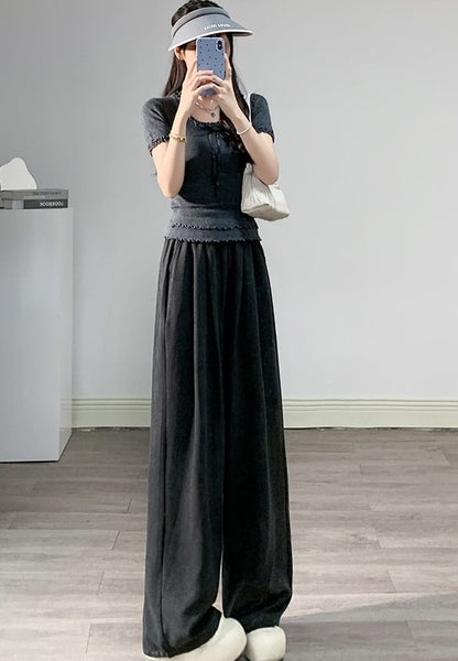 High Waist Wide Leg Plain Elastic Waist Pants