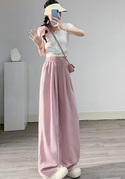 High Waist Wide Leg Plain Elastic Waist Pants