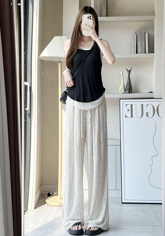 Rhinestone Applique High Waist Torn Wide Leg Drawstring Pants