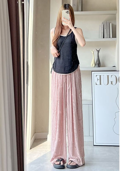 Rhinestone Applique High Waist Torn Wide Leg Drawstring Pants