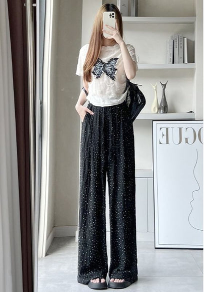 Rhinestone Applique High Waist Torn Wide Leg Drawstring Pants