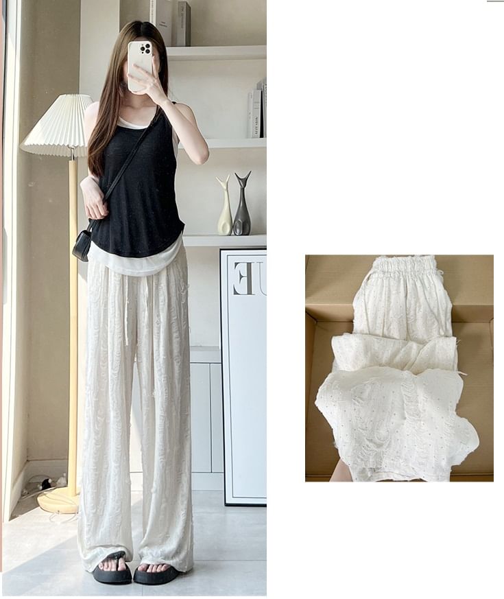 Rhinestone Applique High Waist Torn Wide Leg Drawstring Pants