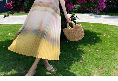 Spaghetti Strap Gradient Midi Pleated Dress