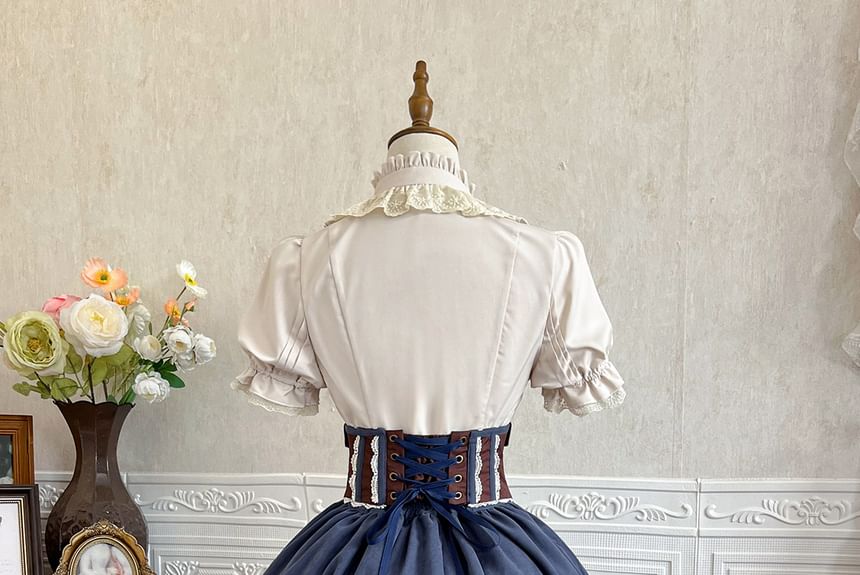 Lolita Puff-Sleeve Plain Lace Trim Ruffle Shirt / Bow Belt / High Waist Graphic Print A-Line Skirt / Set