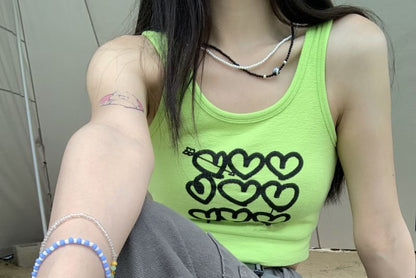 Scoop Neck Heart Print Crop Knit Tank Top