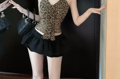 Halter Leopard Print Crop Slim Fit Cami Top