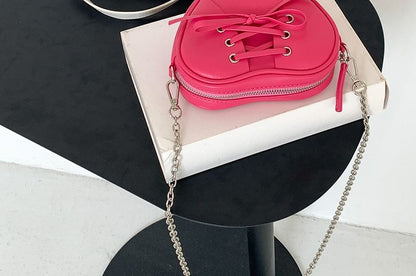 Leather Chain Bag Heart Shaped Strap Crossbody Faux Lace-Up