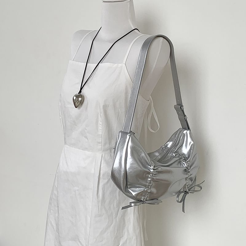 Bag Shoulder Faux Leather Drawstring Plain