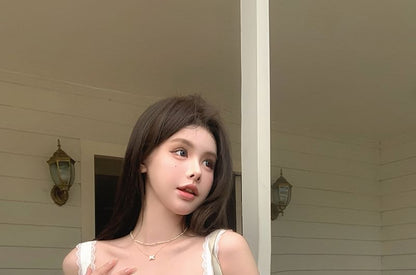 A-Line Mini Skirt Top / Panel Front Cami Plain Tie High Ruched Pleated Rise