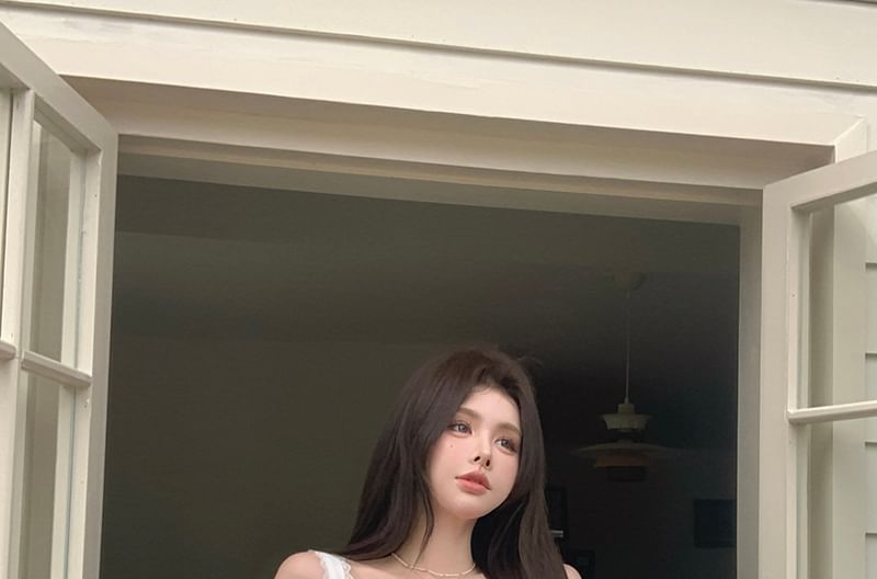 A-Line Mini Skirt Top / Panel Front Cami Plain Tie High Ruched Pleated Rise