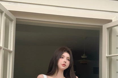 A-Line Mini Skirt Top / Panel Front Cami Plain Tie High Ruched Pleated Rise