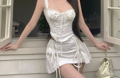 A-Line Mini Skirt Top / Panel Front Cami Plain Tie High Ruched Pleated Rise