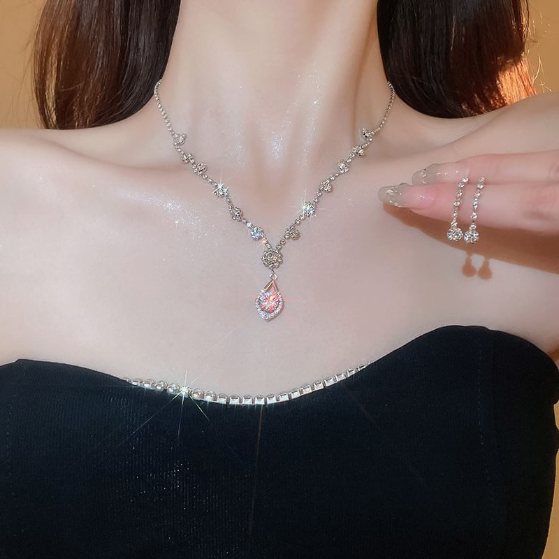 + Drop Necklace Rhinestone Earring Set: