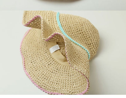 Wide Brim Summer Straw Hat With Blue Band