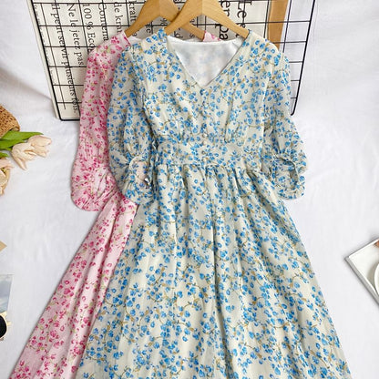 Elbow-Sleeve V-Neck Floral Print Button Midi A-Line Dress