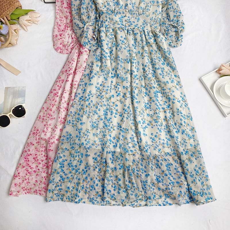 Elbow-Sleeve V-Neck Floral Print Button Midi A-Line Dress