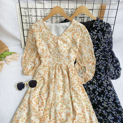 Elbow-Sleeve V-Neck Floral Print Button Midi A-Line Dress