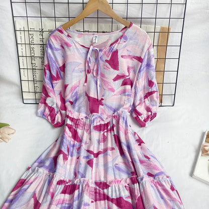 Short-Sleeve Round Neck Patterned Print Tiered Tie Front Midi A-Line Dress