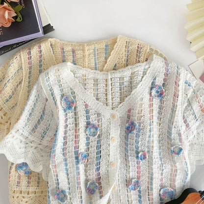 Short-Sleeve V-Neck Flower Detail Crochet Cardigan