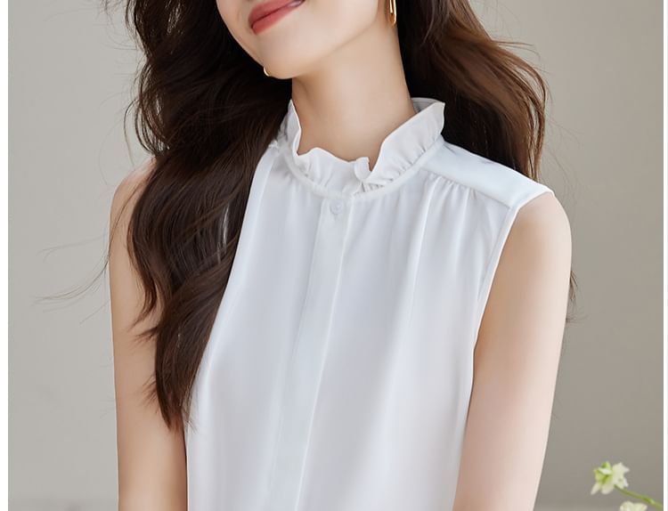 Ruffle Neck Sleeveless Plain Blouse Egirldoll