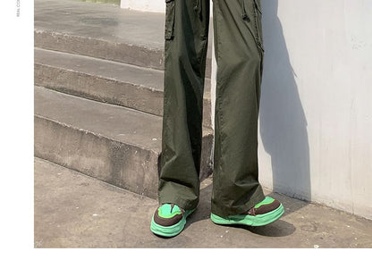 High Rise Plain Wide Leg Cargo Pants