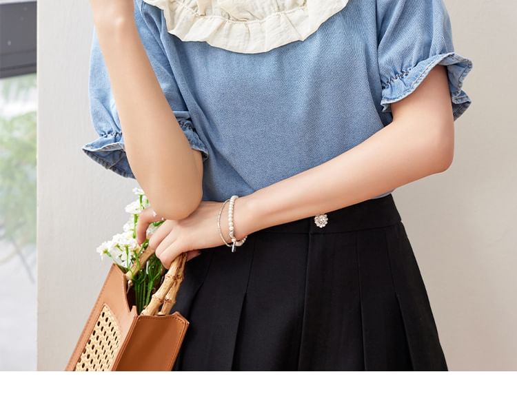 Ruffle Short Sleeve Scoop Neck Denim Top