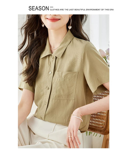 Short Sleeve Lapel Neck Solid Loose Fit Shirt