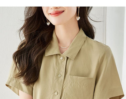 Short Sleeve Lapel Neck Solid Loose Fit Shirt