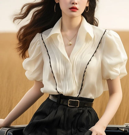 Puff-Sleeve Contrast Trim Blouse