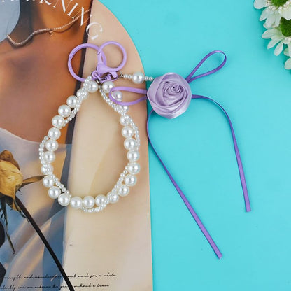 Rose Ribbon Faux Pearl Keyring