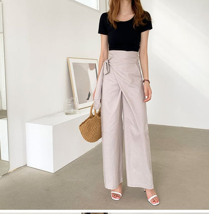 High Rise Plain Tie-Up Wide Leg Pants