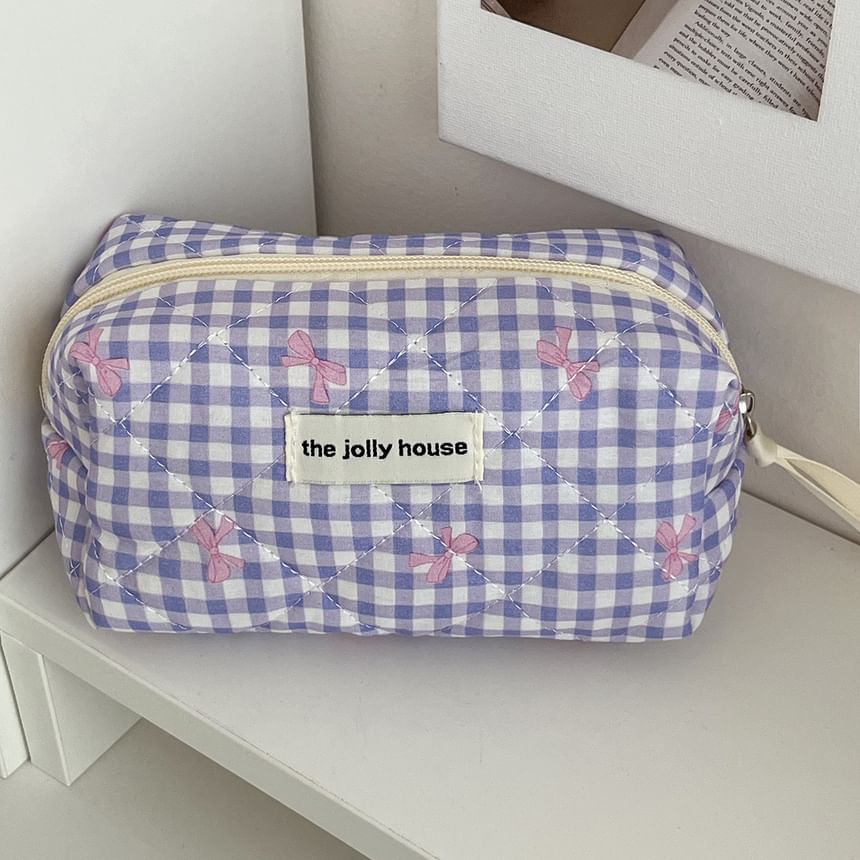 Bow Plaid Fabric Makeup Bag / Clutch / Pencil Case