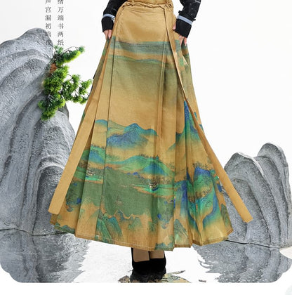 Tie Neck Hanfu Top / Mid Rise Print Maxi Skirt / Set