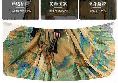 Tie Neck Hanfu Top / Mid Rise Print Maxi Skirt / Set