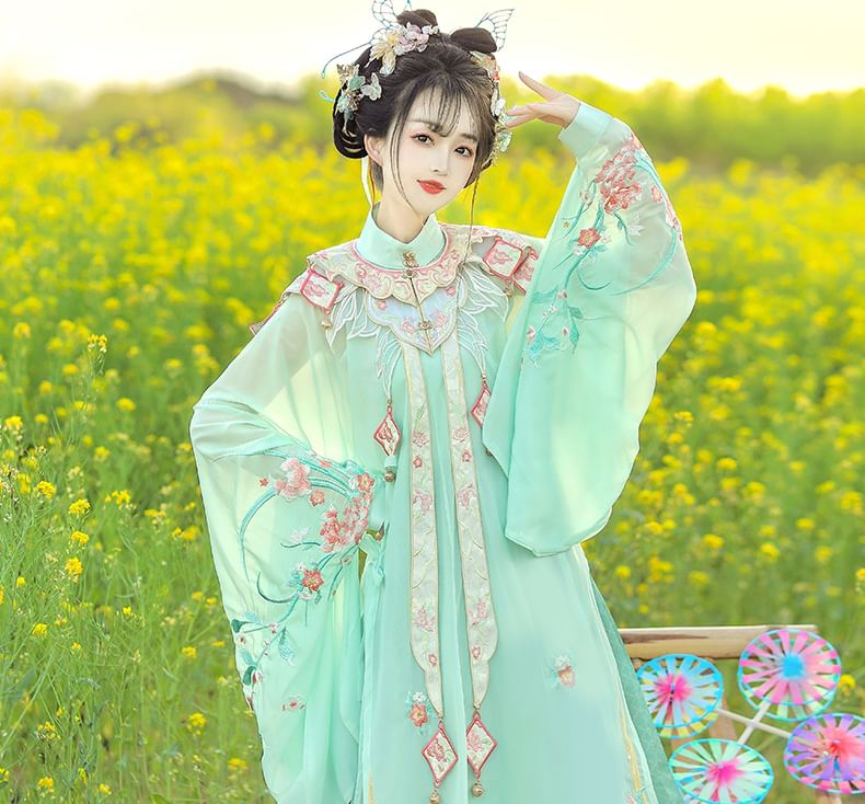 Set: Floral Embroidered Hanfu Long Blouse + Camisole Top + Maxi Skirt + Scarf