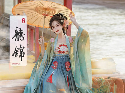 Set: Floral Embroidered Hanfu Maxi Dress + Long Light Jacket + Scarf + Fish Hanging Deco