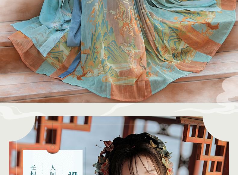 Set: Floral Embroidered Hanfu Maxi Dress + Long Light Jacket + Scarf + Fish Hanging Deco