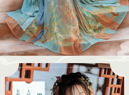 Set: Floral Embroidered Hanfu Maxi Dress + Long Light Jacket + Scarf + Fish Hanging Deco