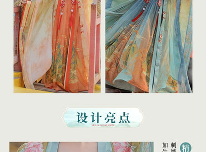 Set: Floral Embroidered Hanfu Maxi Dress + Long Light Jacket + Scarf + Fish Hanging Deco