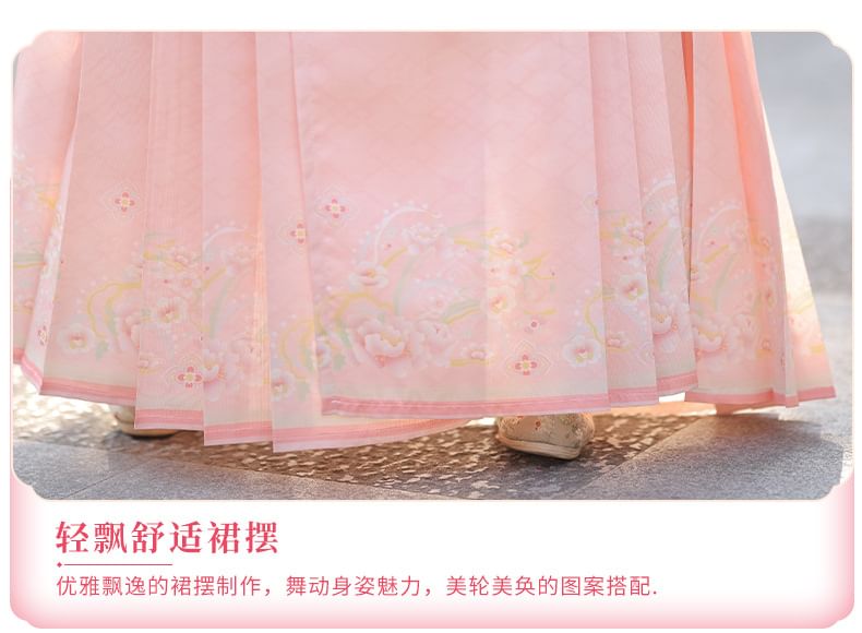 Set: Floral Embroidered Hanfu Long Blouse + Maxi Skirt + Scarf