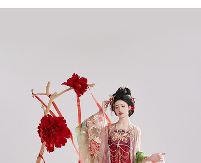 Set: Floral Embroidered Hanfu Maxi Dress + Long Light Jacket + Scarf