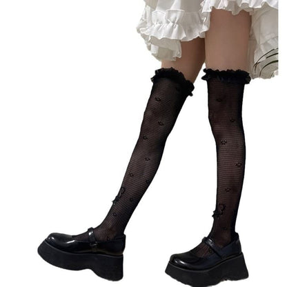 Butterfly Print Lace Trim Stockings