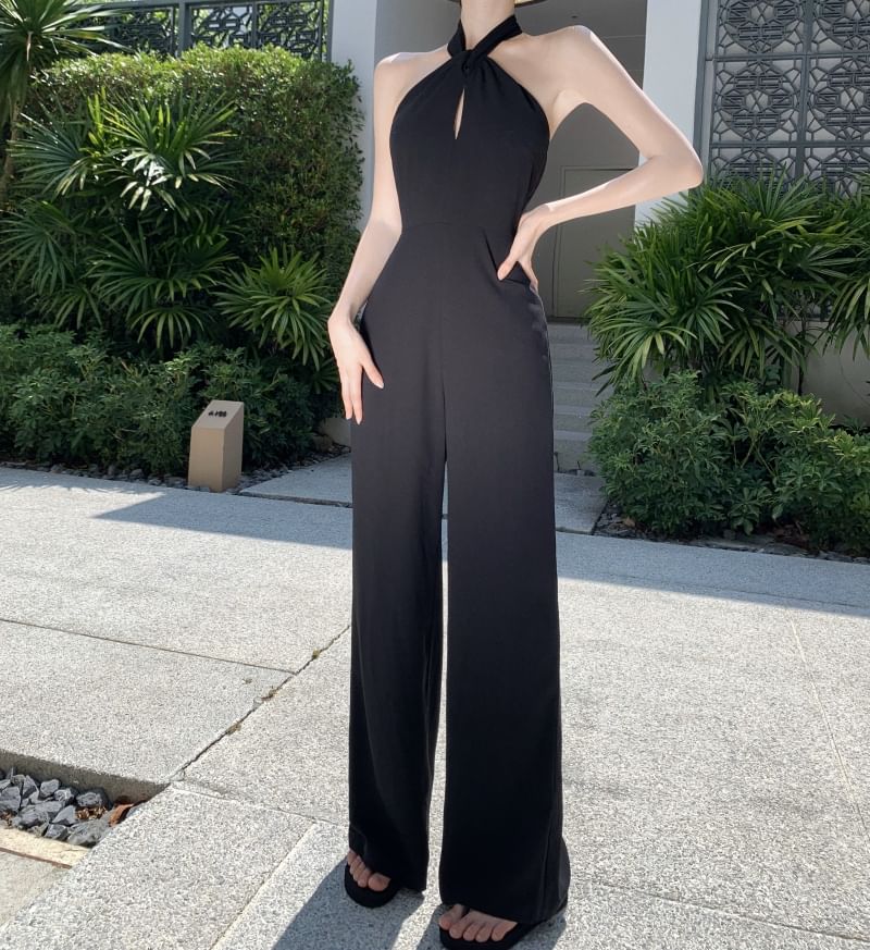 Halter Plain Cutout Loose Fit Jumpsuit