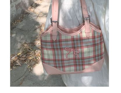 Bow Embroidered Plaid Panel Tote Bag