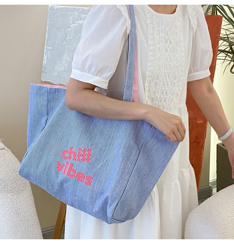 Lettering Print Canvas Tote Bag