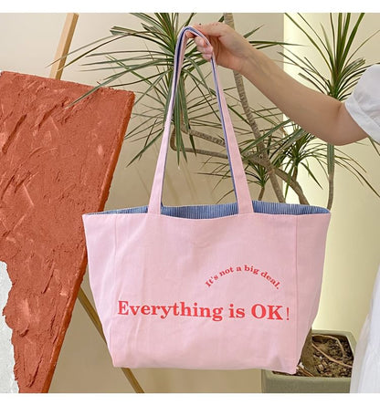 Lettering Print Canvas Tote Bag