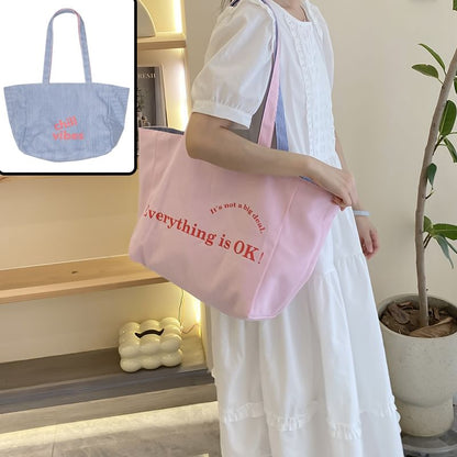 Lettering Print Canvas Tote Bag