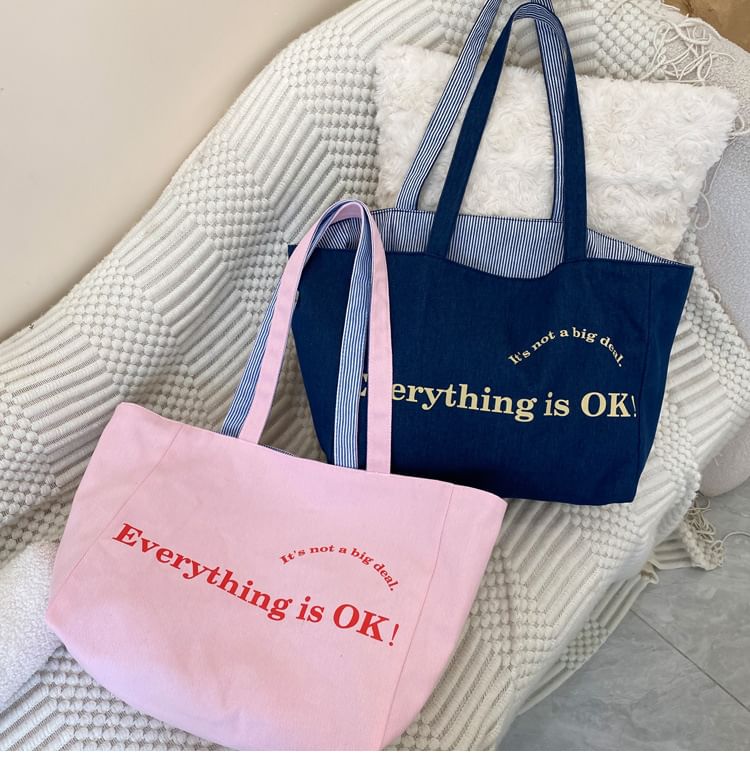 Lettering Print Canvas Tote Bag